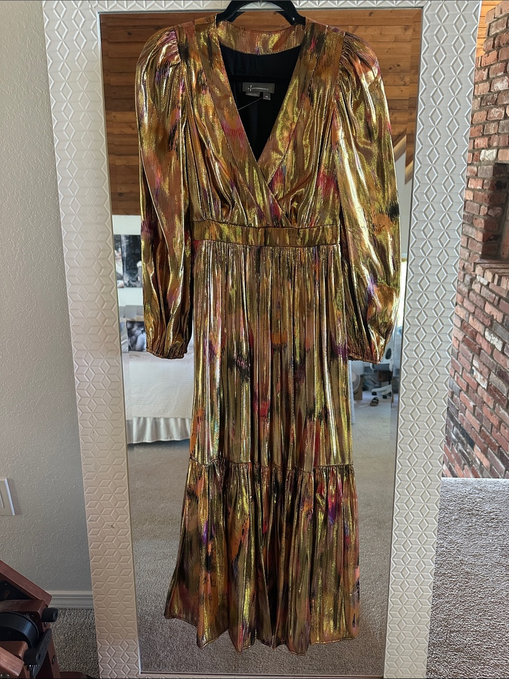 Anthropologie Gold Metallic Multi-Color V-Neck Puff Sleeve Maxi Dress